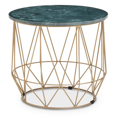 Side table with green marble top and gold geometric frame on a white background