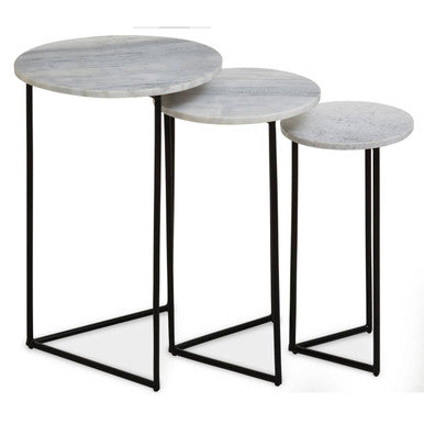 Set of three round side tables with marble-like tops and black metal frames on a white background