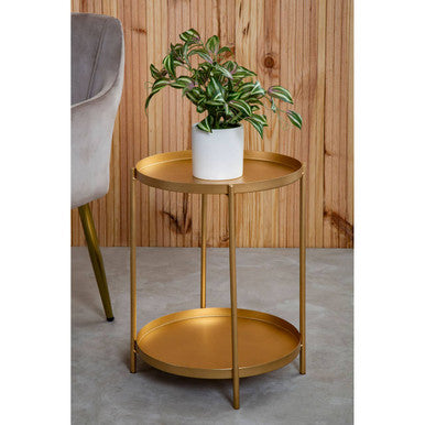 Gold side table with a plant on a wooden floor