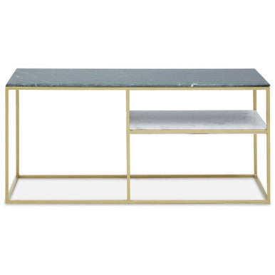 Two-tiered coffee table with marble top and gold frame on a white background