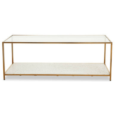 Coffee table with gold frame and white marble top on a white background