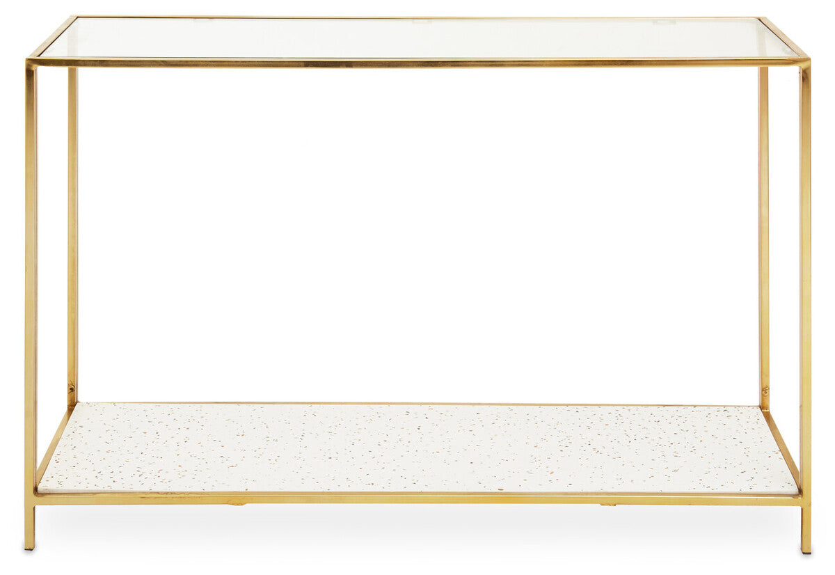 Console table with gold frame and white marble shelf on a white background