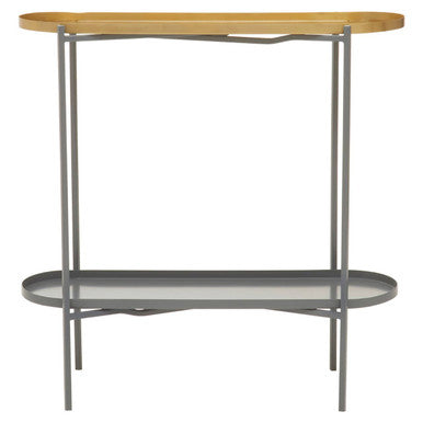 Two-tiered console table with wooden top and glass shelf on a white background