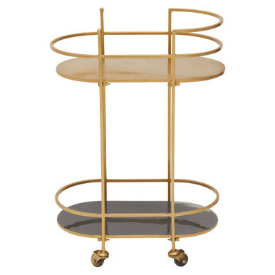 Gold bar cart with two shelves on a white background