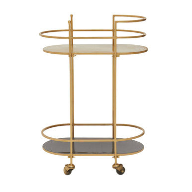 Gold metal serving cart with shelves on a white background