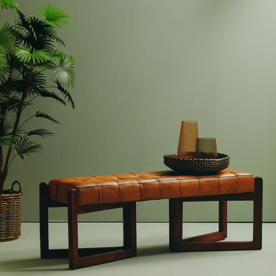 Inca Brown Leather Bench With Wooden Base - Image 2