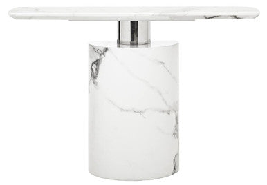 Marble-patterned cylindrical container with a metallic base on a white background