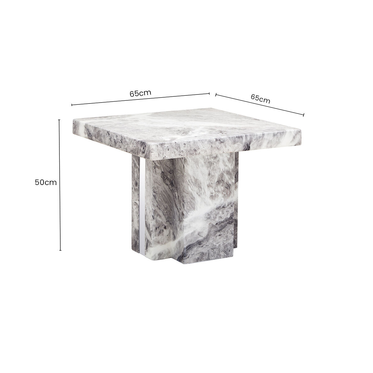 Grey Marble Top Side Table with Pedestal Base and Silver Stainless Steel Detailing, Saronno