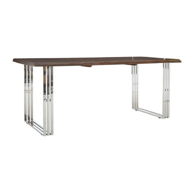 Wooden table with metal legs on a white background