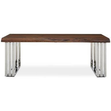 Wooden table with metal legs on a white background