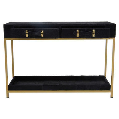 Black console table with gold legs and accents on a white background