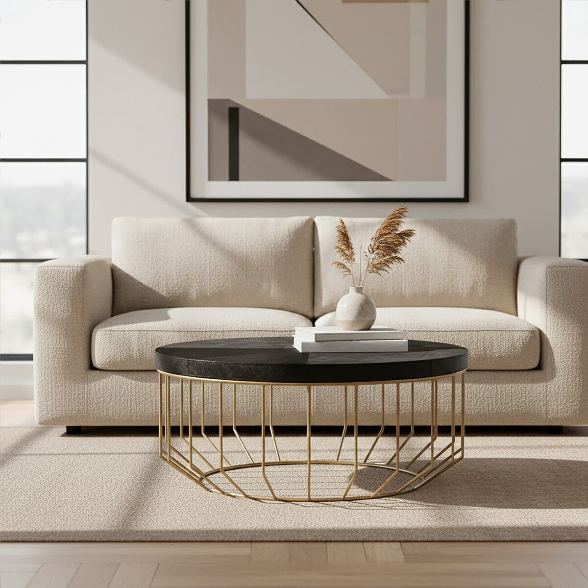 Beige sofa with a gold coffee table in a modern living room