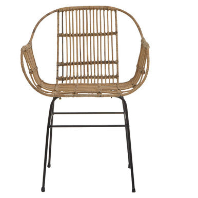 Wicker chair with black metal frame on a white background