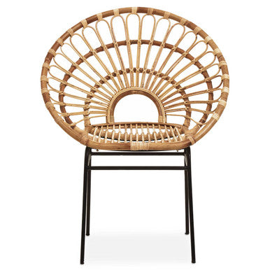 Wicker chair with black metal frame on a white background