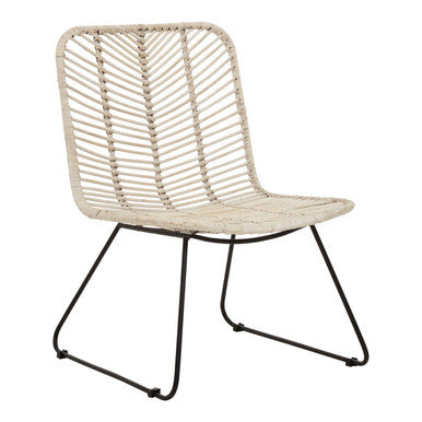 Woven chair with black metal legs on a white background