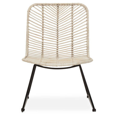 Woven chair with black metal legs on a white background
