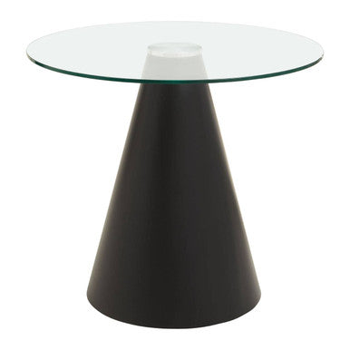 Modern side table with glass top and black cone-shaped base on a white background