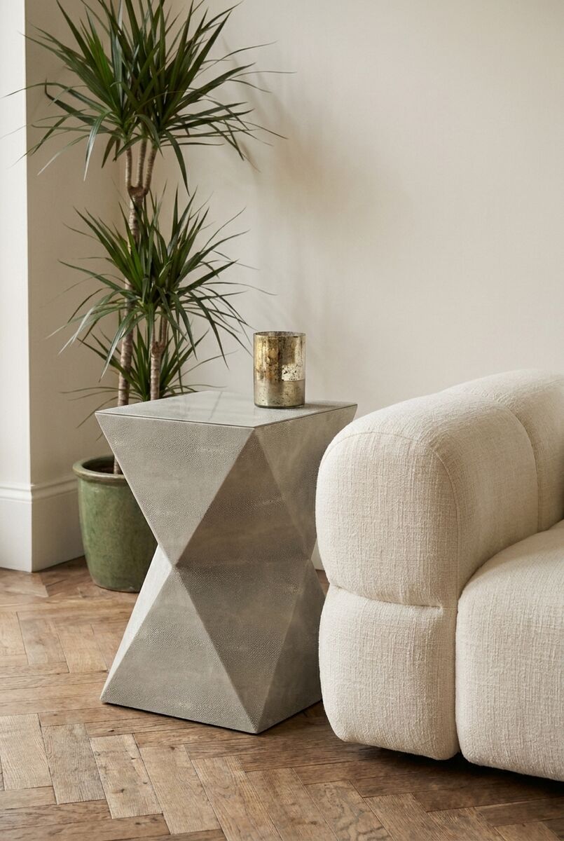 Grey Shagreen Effect Square Side Table with Geometric Design, Cardona
