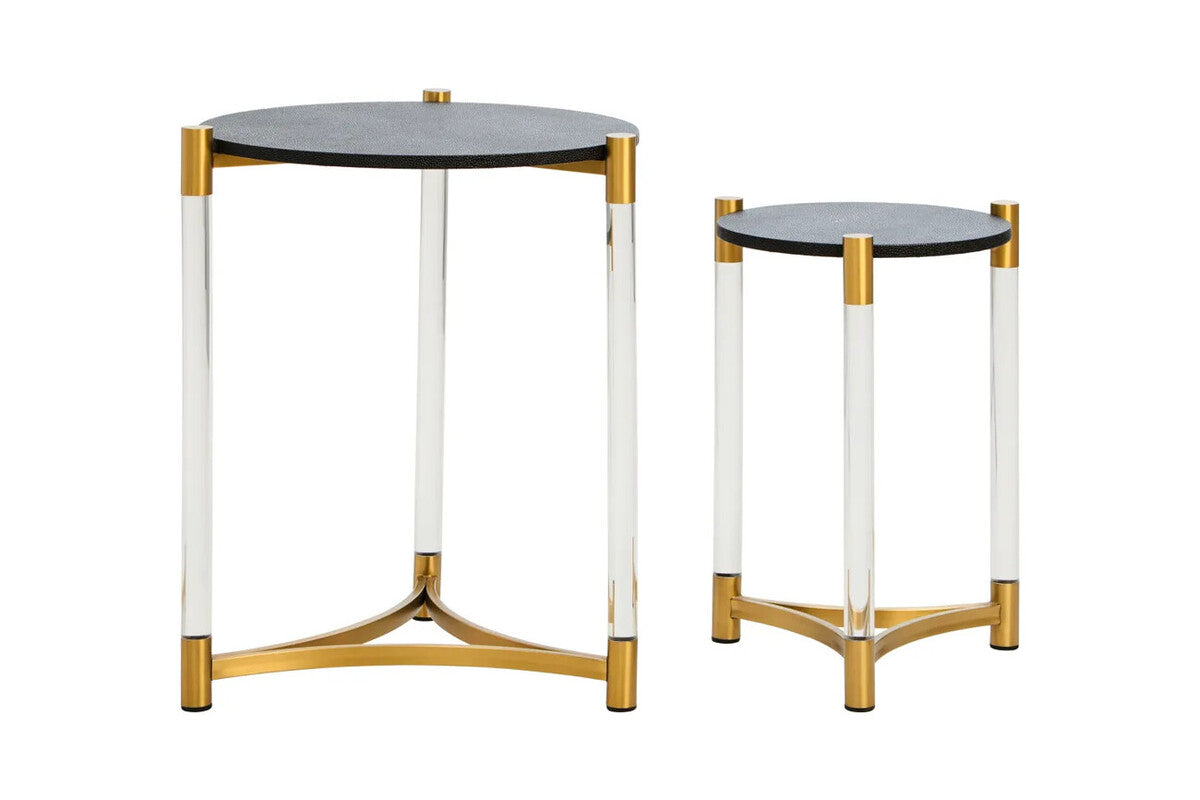 Set of Two Black Shagreen Effect Round Side Tables with Matt Gold Accents, Cardona