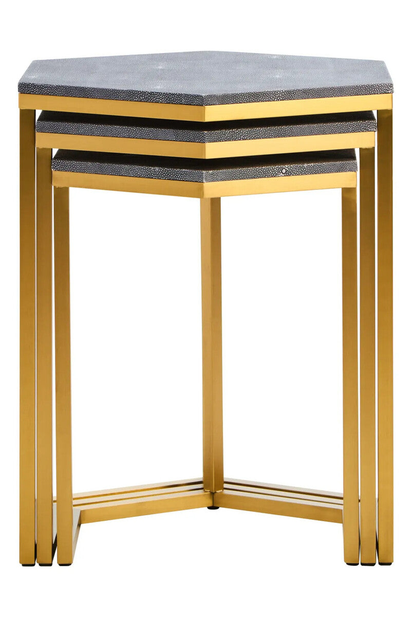 Nest of Three Blue Shagreen Effect Hexagonal Tables with Gold Finish Frame, Cardona
