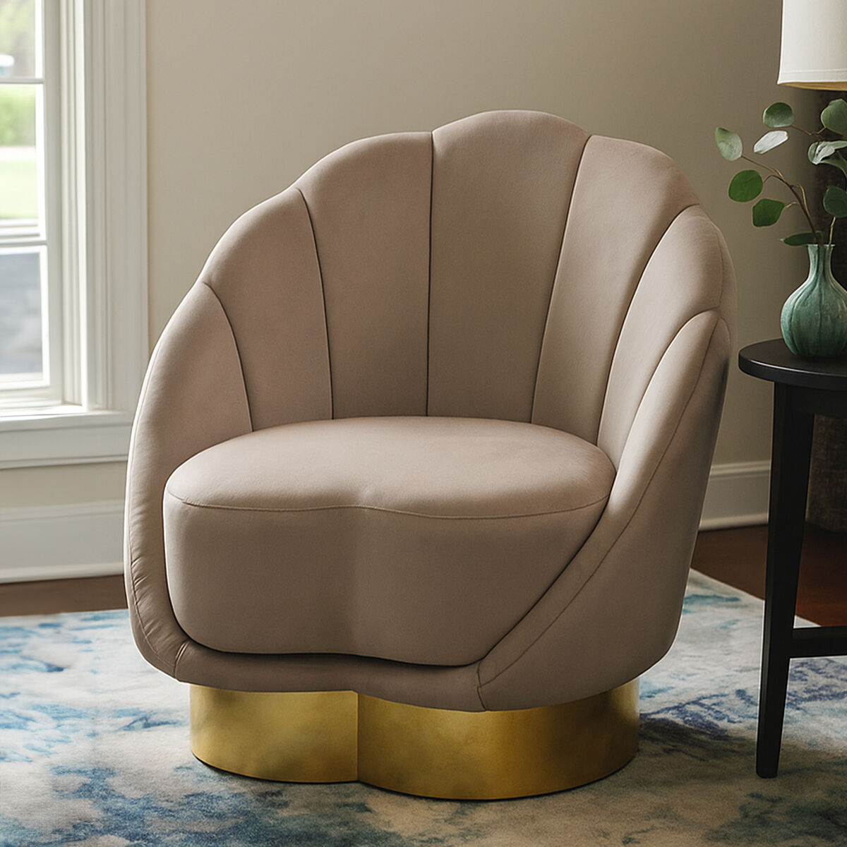 Beige armchair with gold base in a room setting