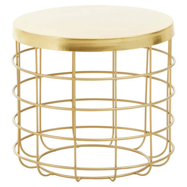 Gold wire stool with a round marble top on a white background