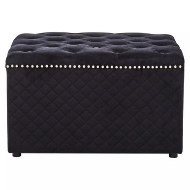 Black tufted storage ottoman with diamond pattern and nailhead trim on a white background