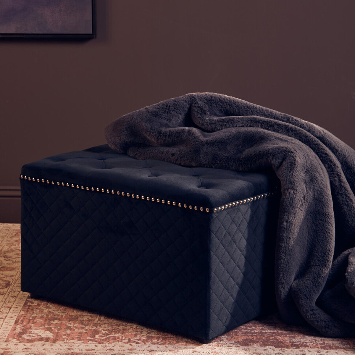 Zamora Square Black Velvet Ottoman