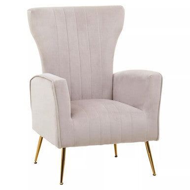 Beige armchair with gold legs on a white background