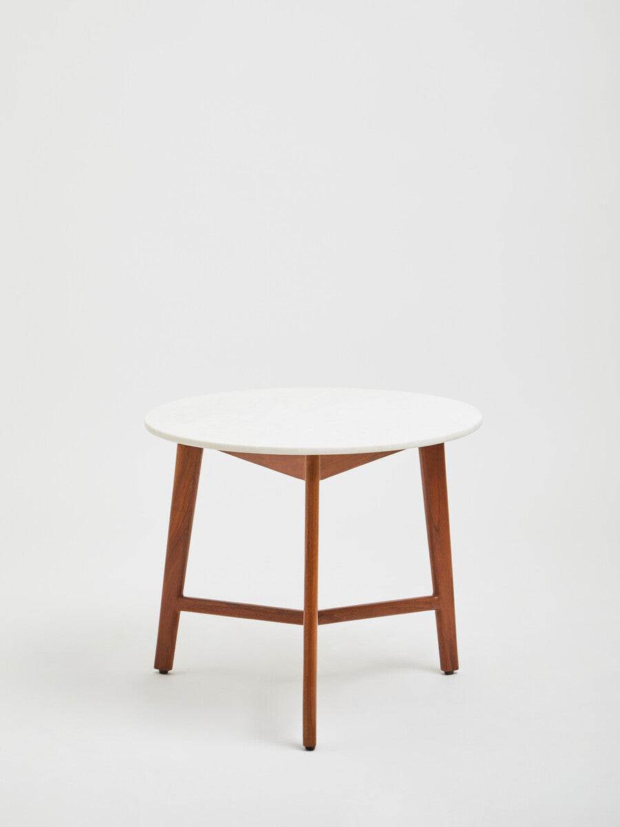 Myan Acacia Wood and White Marble Round Side Table