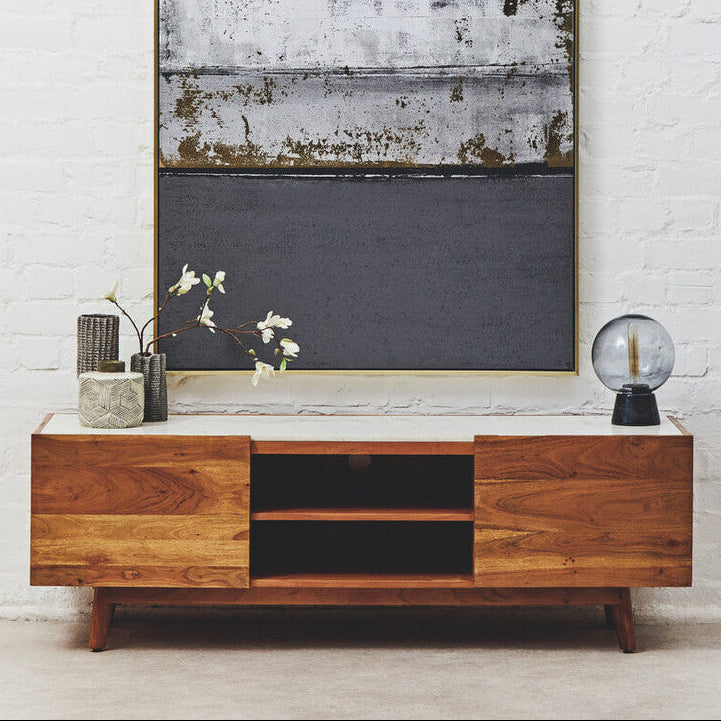 Myan Acacia Wood and White Marble Media Unit - Image 1