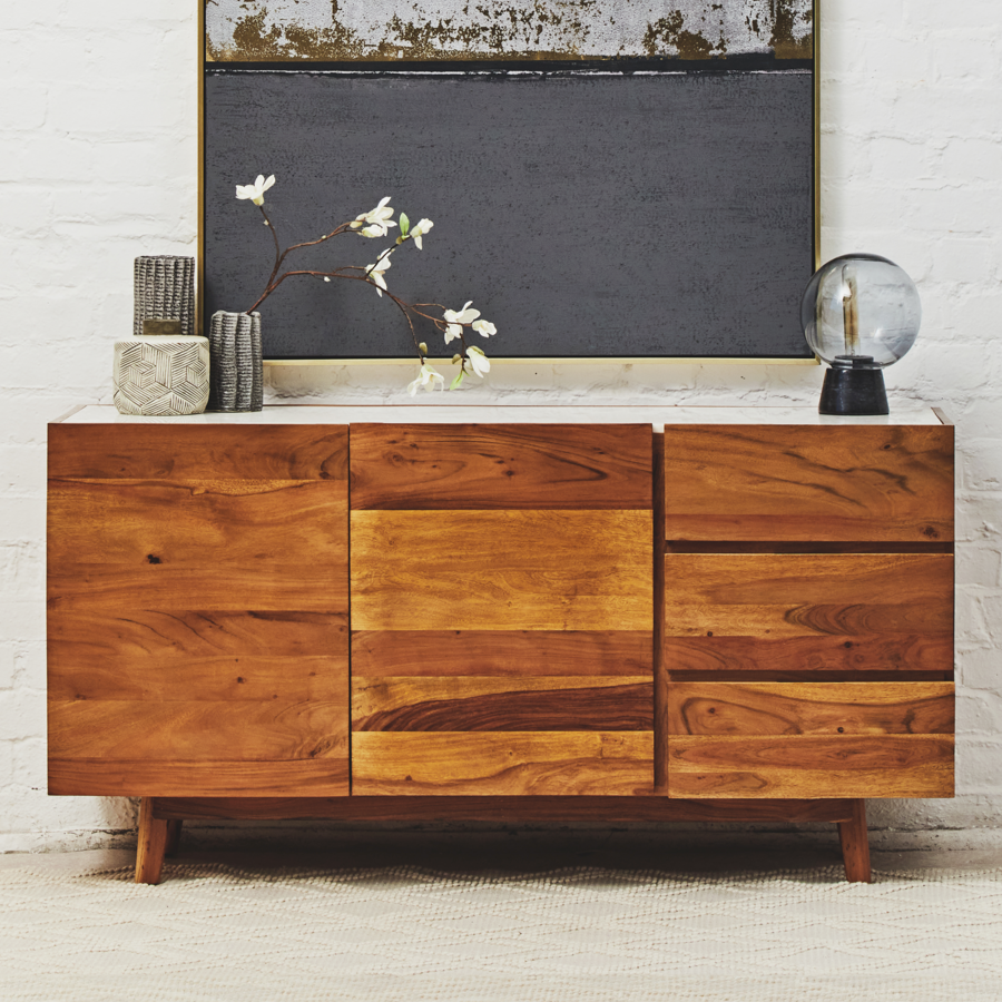 Myan 3 Drawer Acacia Wood White Marble Sideboard - Image 1