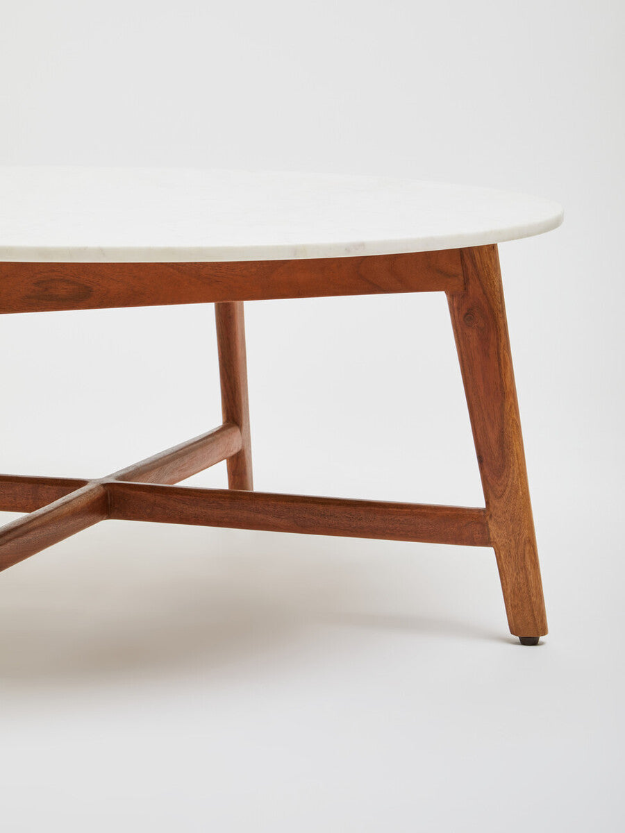 Myan Acacia Wood and White Marble Coffee Table