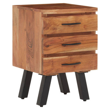 Wooden nightstand with three drawers and black legs on a white background
