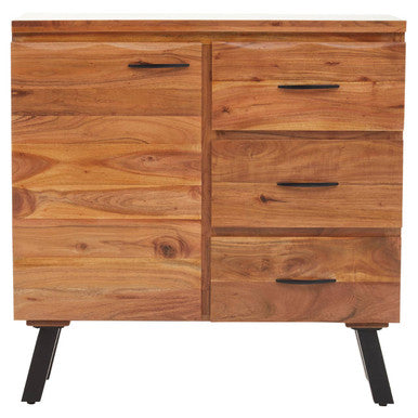 Wooden dresser with drawers and black legs on a white background