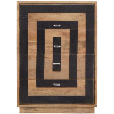 Wooden dresser with black accents and silver handles on a white background