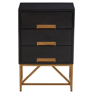 Black dresser with wooden drawers and legs on a white background
