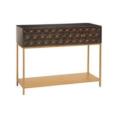 Console table with geometric design on a white background