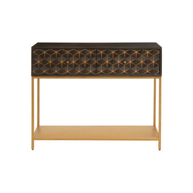 Console table with geometric patterned top and gold base on a white background