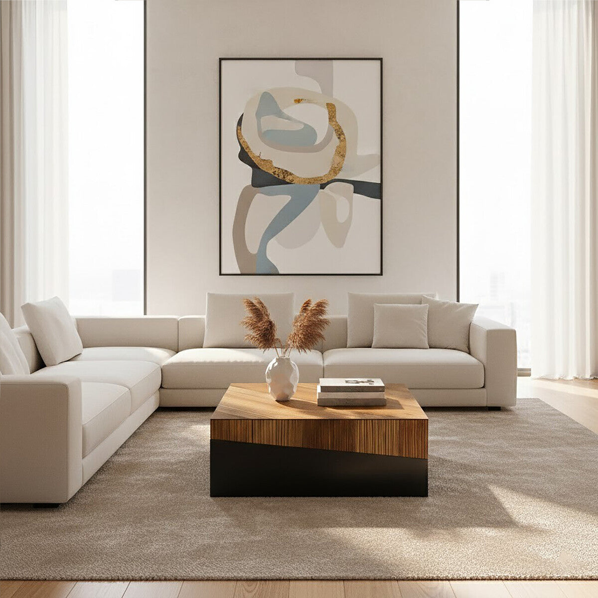 Modern living room with a beige sectional sofa, wooden coffee table, and abstract art on the wall.