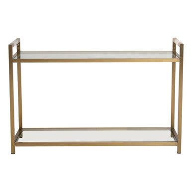 Two-tiered shelf with gold frame and white shelves on a white background