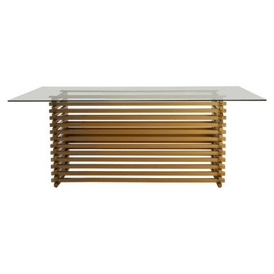 Dining table with glass top and wooden base on a white background