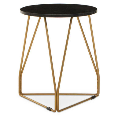 Small round table with black top and gold metal frame on a white background