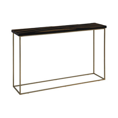 Console table with black top and gold frame on a white background