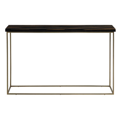 Console table with dark wood top and metal frame on a white background