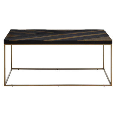 Coffee table with black marble top and gold frame on a white background