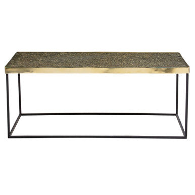 Coffee table with a stone top and metal frame on a white background