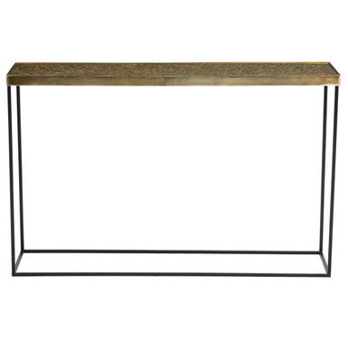 Console table with wooden top and metal frame on a white background