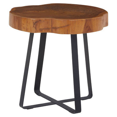 Wooden side table with black metal legs on a white background