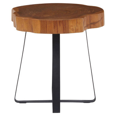 Solid Teak Wood Side Table with Asymmetric Top and Black Cross Bas, Manado